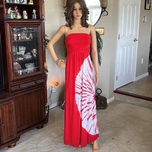 Sievergate Red & White Tie Dye Strapless Maxi Dress Rayon Stretch